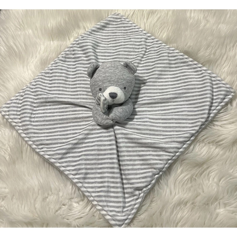 Carters Just One You Gray Bear Lovey White Stripe Baby Blanket Security 12"